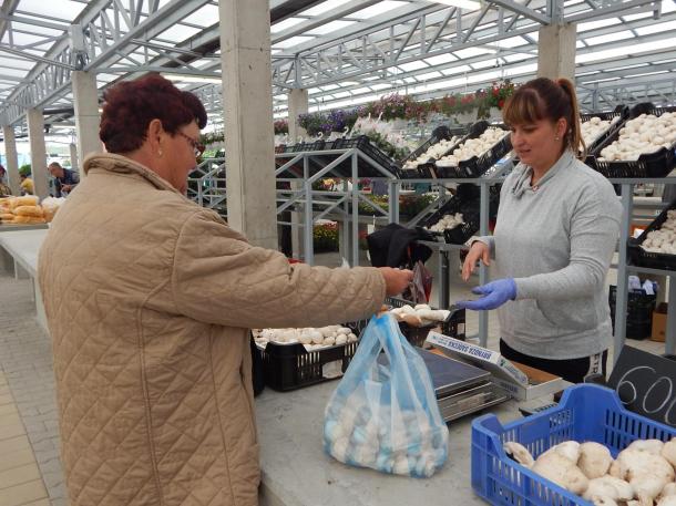 Egy vásárló gombát vesz az újonan átadott piaccsarnokban