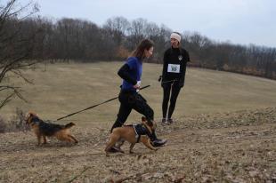 Két sportoló kutyájával fut.