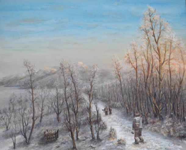Festmény egy havas tájról.