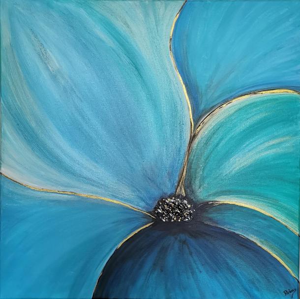 Egy kék virágot ábrázoló festmény.