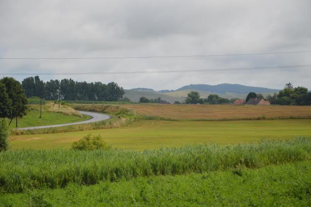 A különböző mezőgazdasági növények összképe mellett látható az autóút.