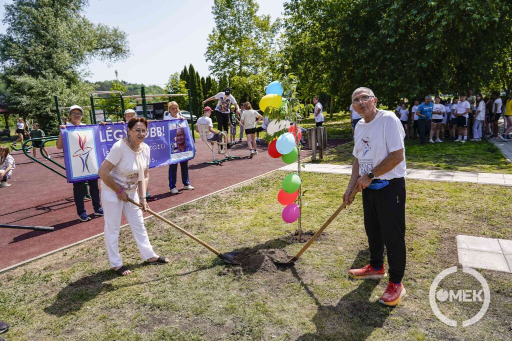 Kellóné Mezőtúri Márta Repka Sándorral közösen ülteti el a békefát.