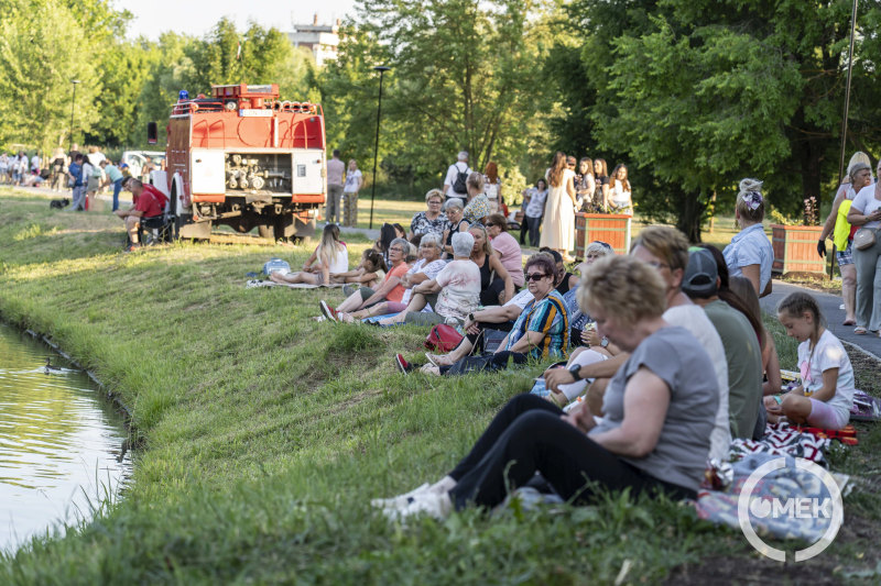 Piknikezők ülnek a tóparton.