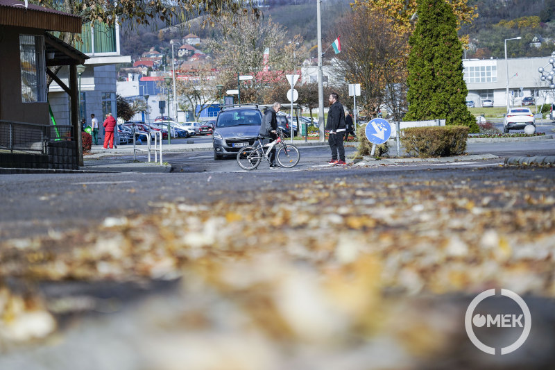 Egy kerékpáros és egy gyalogos halad át a zebrán az őszi napsütésben.