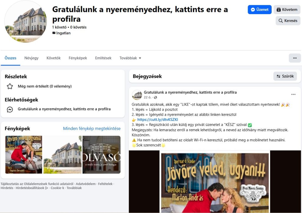 Ez a csaló oldal nyereményjátéka, ha a linkre kattintunk, egy idő után a bankkártyaadatainkat is kérik.