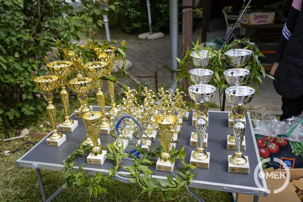 Serlegek, plakettek az asztalon.