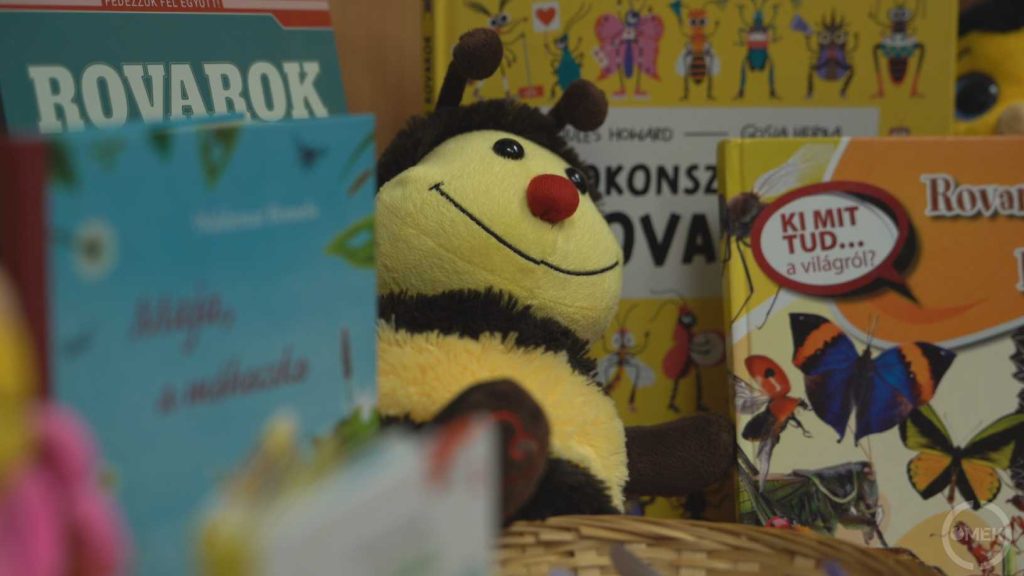 Plüss méhecske és könyvek a polcon.