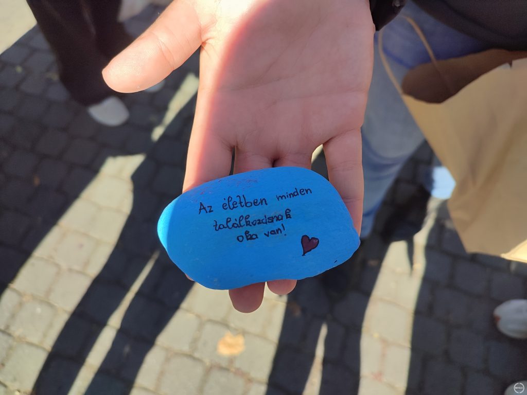 Az életben minden találkozásnak oka felirattal ellátott kékre festett kő.